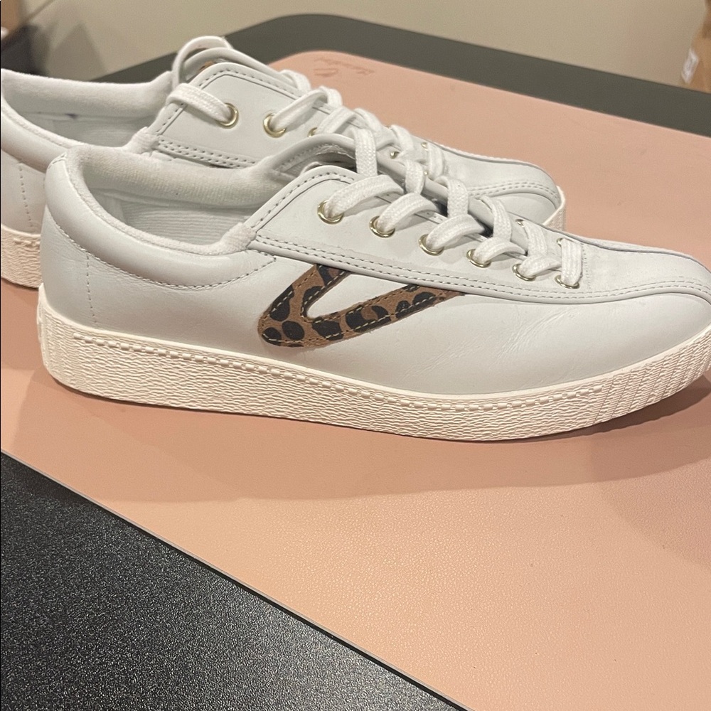 NWOT Tretorn White Leather Sneakers with Leopard Accent